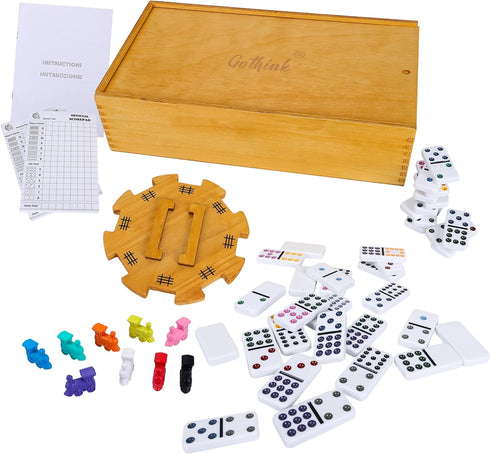 Set, 12 Set Holders*8, Trains*9, Scoreboards*2, GOTHINK Mexican Train Dominoes Double Dominos for Kids Adults
