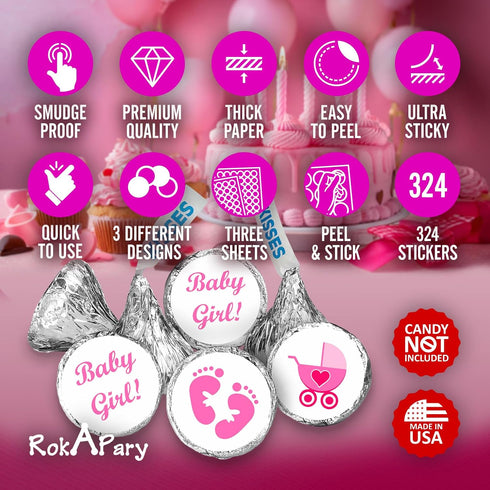 324 Pink Its a Girl Baby Shower Favors Stickers for Baby Shower or Baby Sprinkle Party Decorations, Made in USA