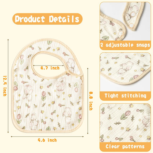 Zainpe 6Pcs Snap Muslin Cotton Baby Bibs Soft & Absorbent Burp Cloths for Newborns Drooling Feeding