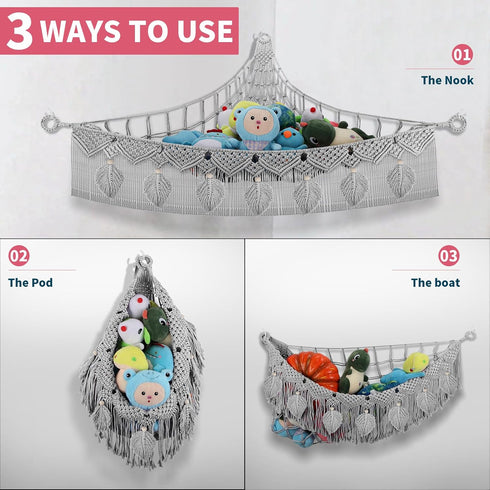 Stuffed Animal Storage Hammock Corner, 56'' Jumbo Hanging Net Organizer, Boho Leaf Tassel Toy Storage with LED Light