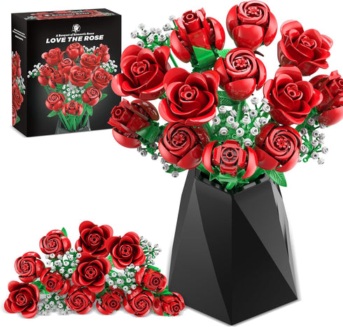 Sopu Red Rose Bouquet Building Set, 960PCS Roses Artificial Flowers Botanical Collection