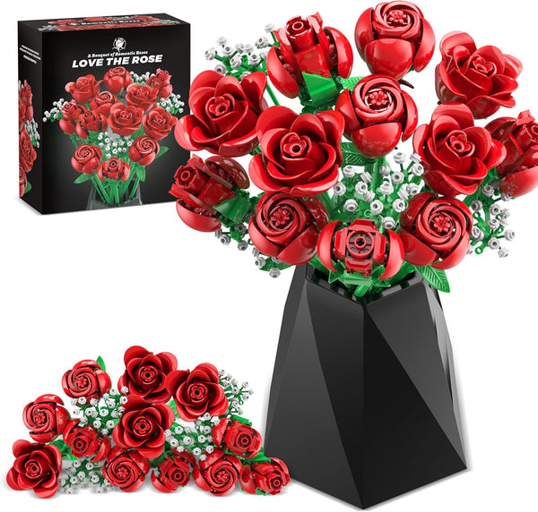 Sopu Red Rose Bouquet Building Set, 960PCS Roses Artificial Flowers Botanical Collection