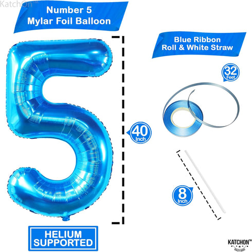 KatchOn Giant Blue Number 5 Balloon, 40 Inch, 5th Birthday Decorations for Boys, Shark Theme