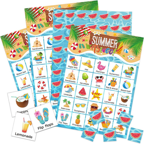 Liliful 35 Pcs Summer Bingo Games - 24 Players Beach Party Bingo Cards for Family & Classroom Activities