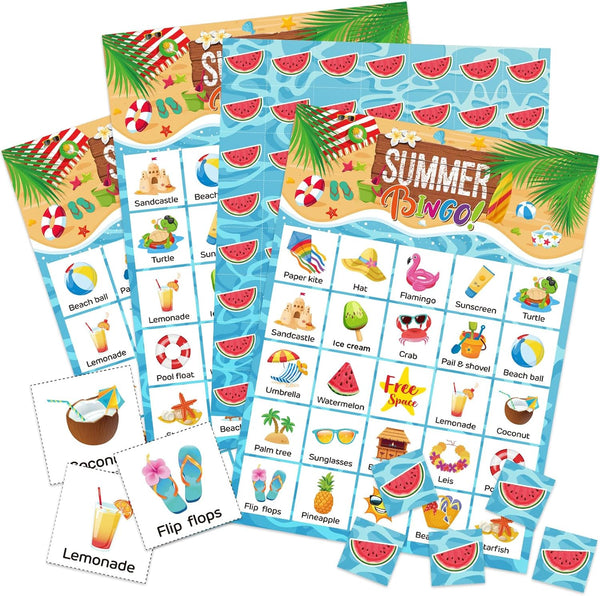Liliful 35 Pcs Summer Bingo Games - 24 Players Beach Party Bingo Cards for Family & Classroom Activities