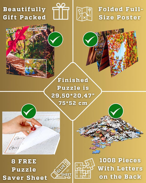 1000 8 Piece Puzzle for Adults - Golden Forest Trail Beside Quiet Lake in Autumn, Gift-Ready Box, Letters on Back