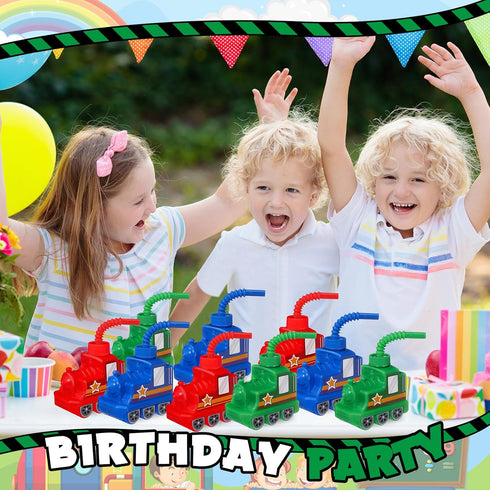 12 Sets 10 oz Tanlade Train Cups for Kids Bulk Plastic Traffic Vehicle Shape Cup with Straw Train Birthday Party