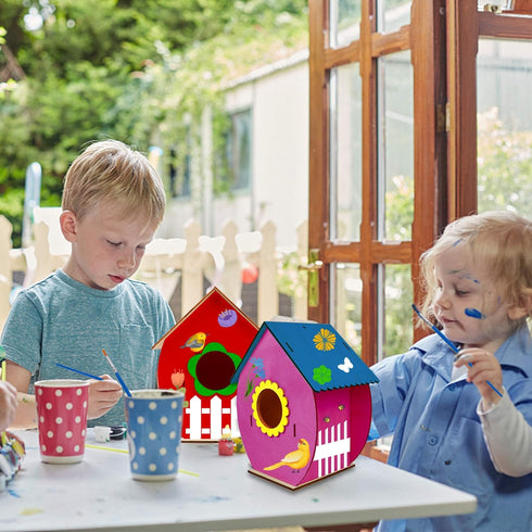 Glintoper Art Craft Wood Toys for Kids - 4 Pack DIY Bird House Kit, Build and Paint Birdhouse with Paints & Brushes