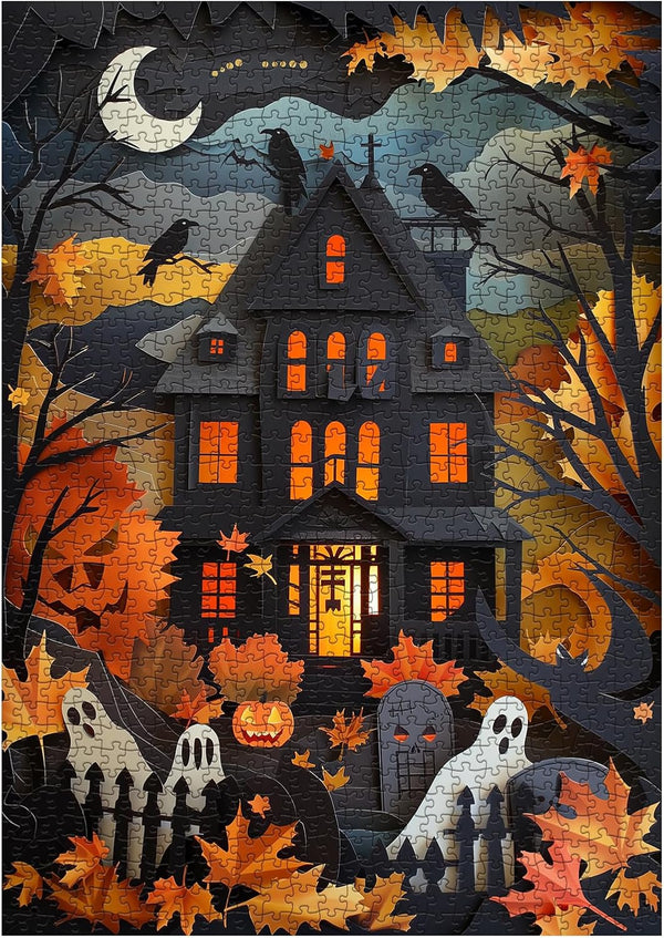 Halloween Paper Cut Art Puzzle 1000 Pieces for Adults, Scary House Ghost Autumn Collage Decor