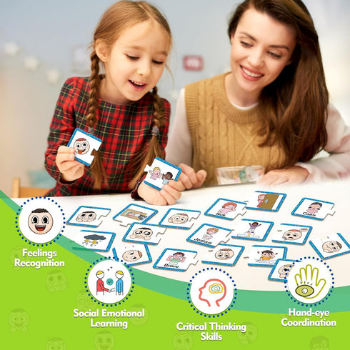 Feelings & Emotions Puzzle Cards, Social Emotional Learning Toys for Kids, Speech Therapy Games, ADHD, Autism Materials