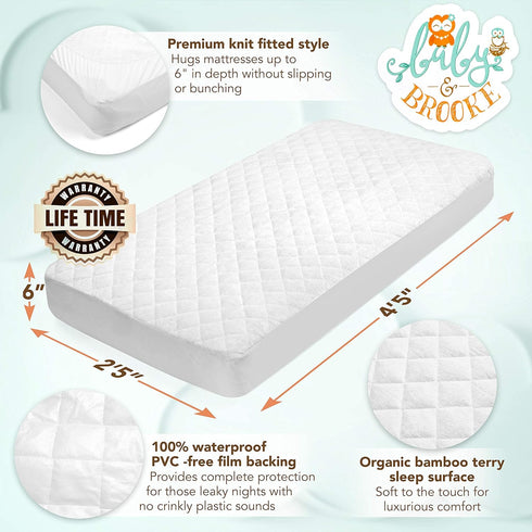 100% (52"x 28"x 8") Organic Bamboo from Viscose Fitted Crib Mattress Protector Pad by Baby&Brooke Waterproof