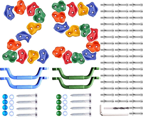 25 Pcs Colourful Pig Nose Shape Rock Climbing Holds with Blue & Green Handles, Indoor Outdoor Playground Accessory