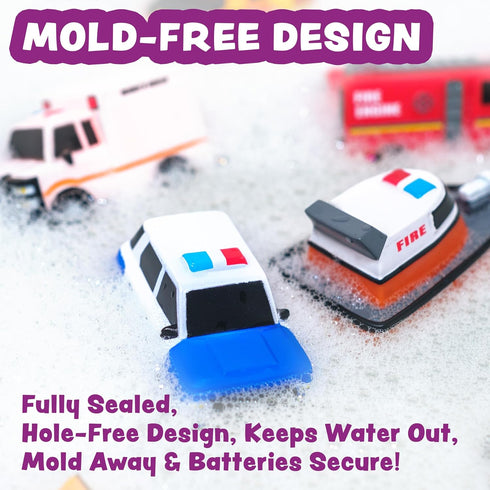 12 Pack Tub Works Emergency Cars Light Up Bath Toys, | Water-Activated Light Up Toys Flash & Change Color | Easy-Grip