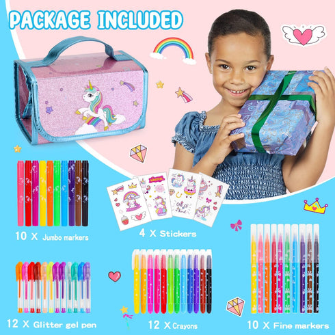 AJLICHIBAN FUN 49 Pcs Fruit Scented Washable Markers with Unicorn Pencil Case, Art Supplies for Kids