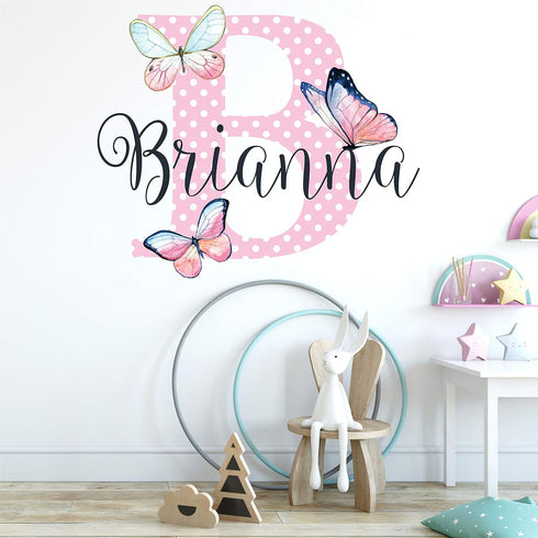 Girls Nursery Printed Pink and White Polka Dots Watercolor Butterflies Custom Personalized