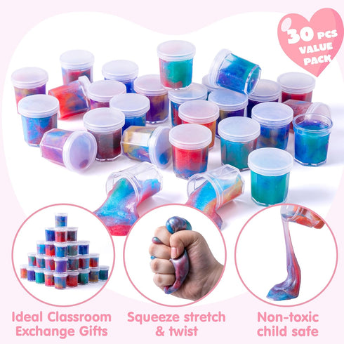 30 JOYIN PCS Valentine Day Gift Cards with Galaxy Slime Stress Relief Fidget Toy for Kids Party Favor, Classroom