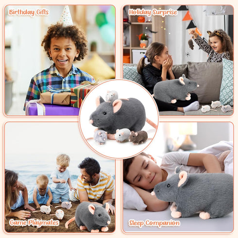 5 Pcs Mouse Stuffed Animals Set - 14'' Large Mommy Rat Plush with 4 Small Mouse Babies for Kids Birthday
