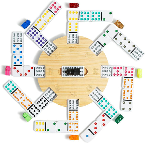 12 Set 4 91 9 ELONGDI Mexican Train Double Dominoes with Wooden Trays/Racks in Portable Carrying Case Colorful Tiles