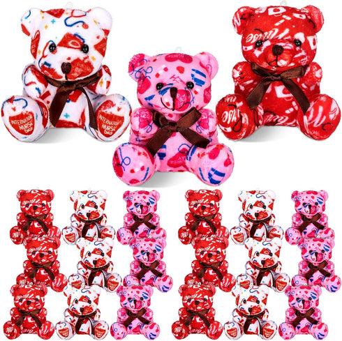 18 Pcs Nurse Week Appreciation Gifts, Mini Plush Bears 4 Inch, Stuffed Animals with Syringe Stethoscope Pattern