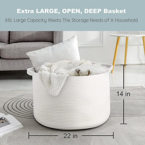 White Rope Storage Baskets, Extra Large 22" X 22" X 14" Cotton Basket for Organizing Baby Laundry