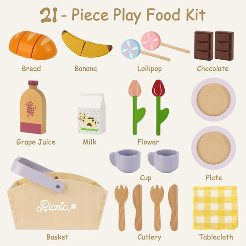 Set 21 Settings 3+ Pillowhale Wooden Picnic Basket Play Food PCS Pretend Kids Kitchen Toy with Blanket, Cutting Fruit