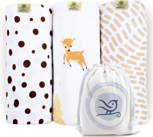 Baby Sparrow 3-Pack 47x47 BabySparrow Muslin Swaddle Blankets Brown Deer Cotton Baby Swaddles for Newborns, Soft