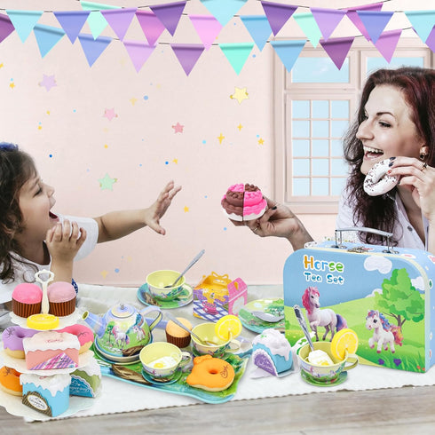 Set Girls,50PCS Playsets,Teapot 3 4 5 6 Tea Party for Little Princess Horse Tea Time Toy Including Food Sweet Treats
