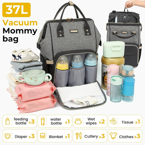GAIVP Backpack Vacuum Compression Diaper Bag, Expandable Waterproof Baby Travel with Insulated Pockets, Wet-Dry