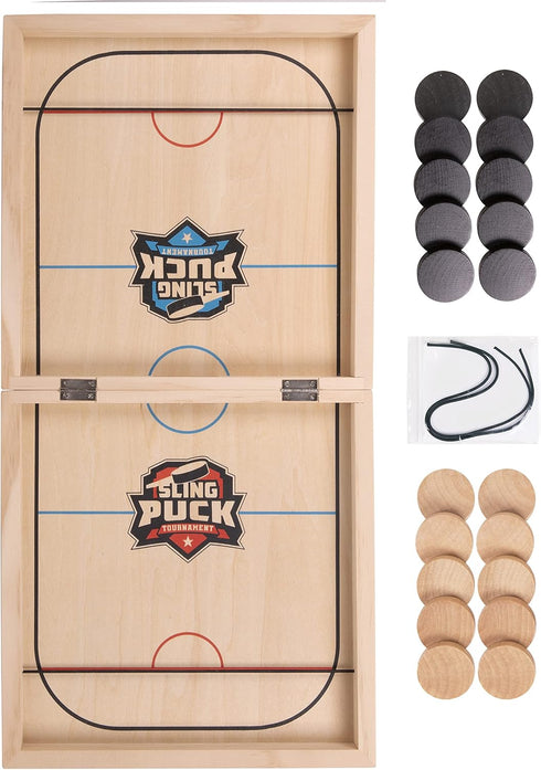 Fast Sling Puck Board Game - Small Wooden Family Games, Table Top Hockey for Adults & Kids
