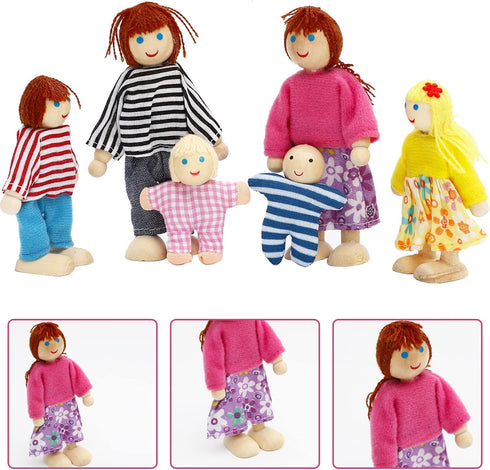 ONEST 15 Pieces Wooden Dollhouse Family Set, Mini People Figures & Accessories for Pretend Play Dolls