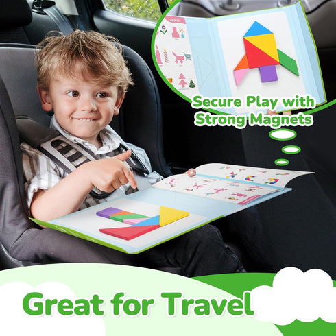 BenBen Travel Tangram Puzzle with Magnetic Wooden Shapes, Extra Large Dual-Sided Magnet Surface, Color Pattern IQ Book