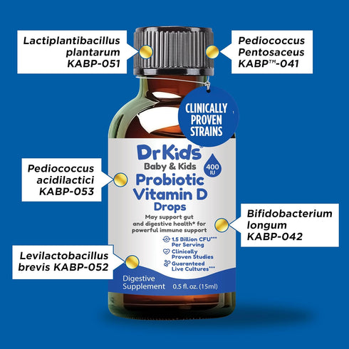 D3, Recommended, 0.5 oz Dr. Kids Probiotic Vitamin D Drops Supports Infant & Child Gut Health, Helps Reduce Gas, Colic