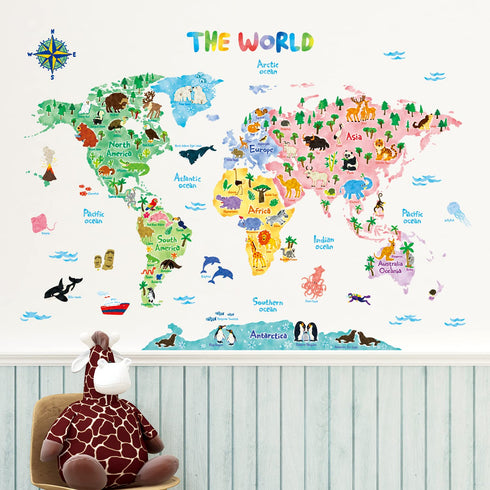 DECOWALL SG2-1615S Animal World Map Kids Wall Decals, Peel and Stick Removable Stickers for Nursery and Bedroom