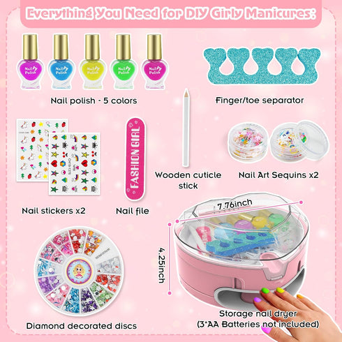 PUPPSITTY Set 7-12 Kids Nail Polish for Girls,All-in-One Nail Art Kit for Kids with Nail Dryer & DIY Decorations