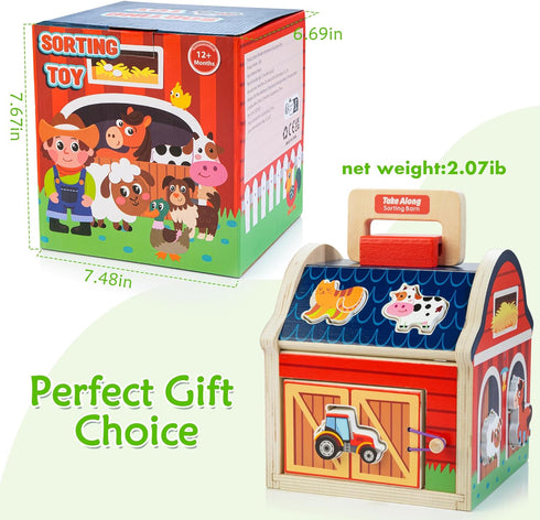 Farm Animals Wooden Take-Along Sorting Barn Toy for 1-3 Year Olds, Shape Sorter Montessori Learning Gift for Toddlers