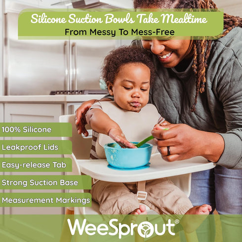 WeeSprout Suction Bowls for Baby & Toddlers (Set of 2) - 100% Silicone w/Plastic Lid - Leak Proof Feeding Supplies - Dishwasher & Microwave Safe Infant Dinnerware w/Extra Strong Base by WeeSprout