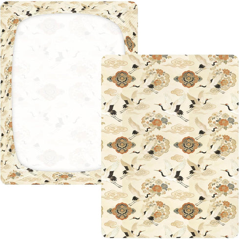 decor gift 1 Pack Japanese Cloud Flower Crane Beige Baby Crib Sheets for Boys Girls Cotton Baby Playard Sheet Soft
