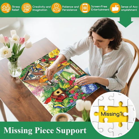 VoYouTwo 300 8-10 10-12,Flowers Nights,20.5x15 Piece Puzzles for Adults, Garden Birds Birdhouse Village Puzzle