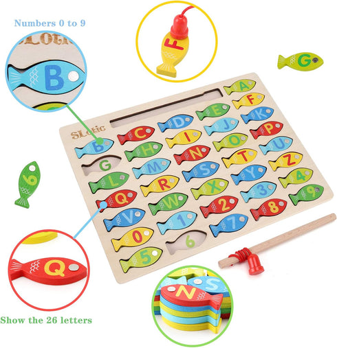 Magnetic Wooden Fishing Game Toy for Toddlers, Alphabet ABC Fish Catching Counting Learning Education Toys