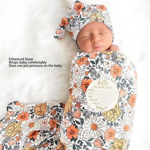 Set Cozy 1) Vibrant Floral Print Newborn Swaddle Blanket with Hat and Headband, and Breathable, for Boys and Girls