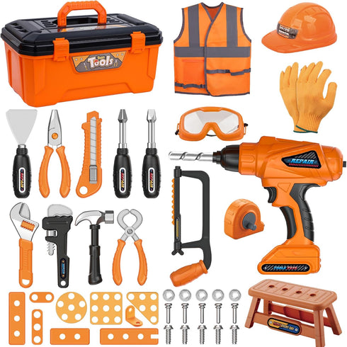 Kids Tool Set,MAGIC4U 50PCS Toddler Tool Set with Electronic Toy Drill,Tape Measure