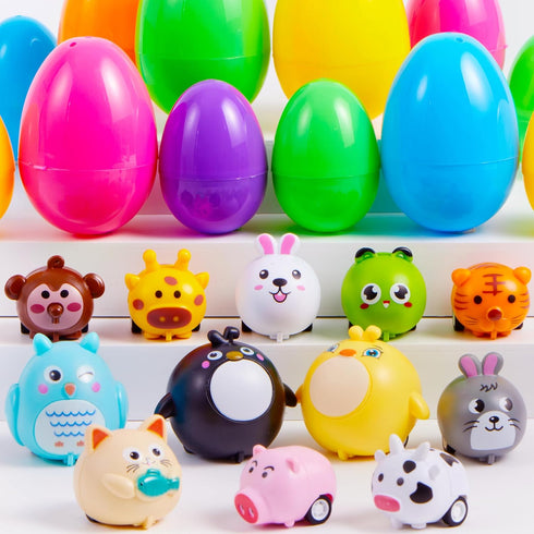 12 JOYIN Pcs Prefilled Easter Eggs with Toys, Plastic Easter Eggs with Animal Cars for Kids Gift, Basket Stuffers