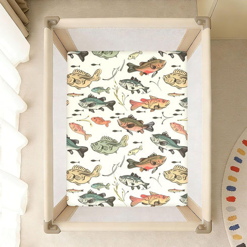 KICPOAY 52x28 Vintage Bass Fishes Toddler Bed Crib Sheets Baby Crib Sheets Cover for Soft Mini Crib Mattress