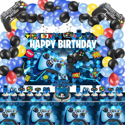 Video Game Birthday Party Decorations - 109Pcs Gamer Supplies for Boys Birthday Party, Happy Birthday Backdrop