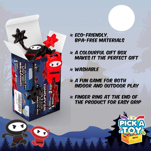 PICK A TOY 12 Pc. Ninja Toys Set - Stretchy Flying Ninjas & Colorful Throwing Stars Slingshots, Fun Birthday Party