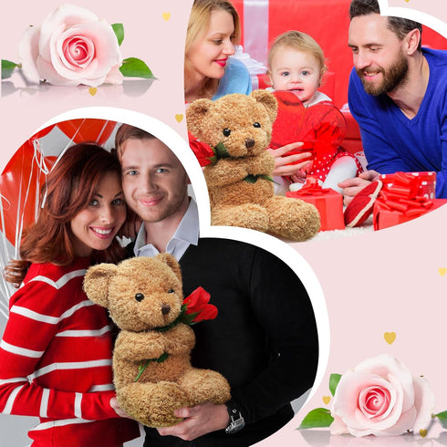 Christmas Plush Stuffed Animal Bear with Rose, Cute Gifts for Kids, Toddler, Girlfriend, 11.8 Inches
