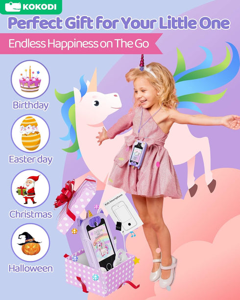 KOKODI Kids Smart Phone Toys, Unicorn Toddler Play Phone for Girls 3-10, Touchscreen HD Cell Phone, Travel Toy,