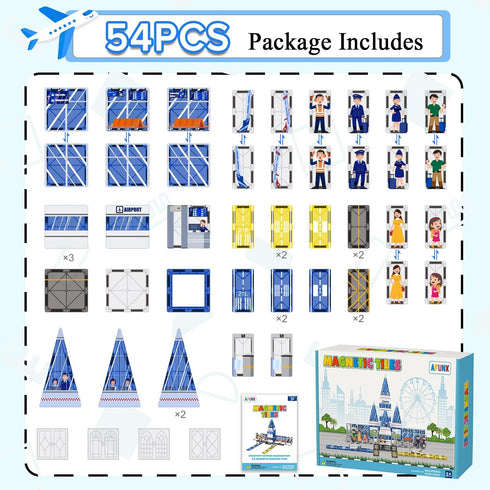 54PCS Set, 3-5 5-7 8-10 AFUNX Magnetic Tiles, Airport Theme Building Blocks Magnet Building Blocks and STEM Preschool