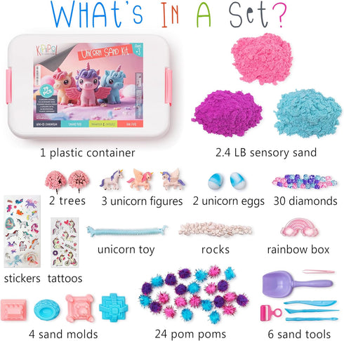 3-4, 5-7 2.4 LB 10 4 4-6, 6-8 Kipipol Unicorn Sensory Bin for Toddlers Magic Sand Art Kit w Sandbox, of Sensory Sand