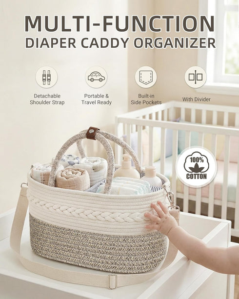 ZOES HOMDECO 14.5"x8.5"x7.5 Baby Diaper Caddy Organizer With Handle, Cotton Rope Baby Shower Basket, Large Diaper Caddy